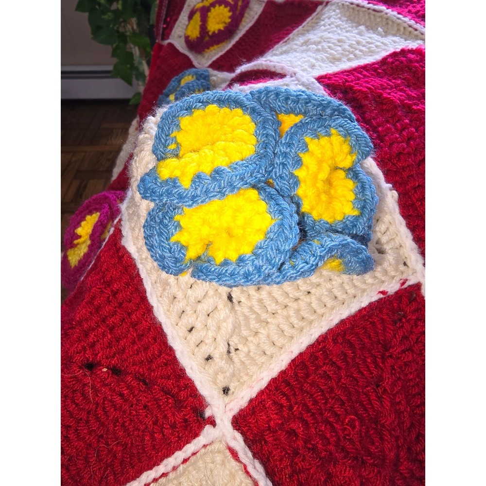 Vintage Handmade Crochet Afghan Blanket Red Cream Checkered 3D Floral Applique - Picture 2 of 4